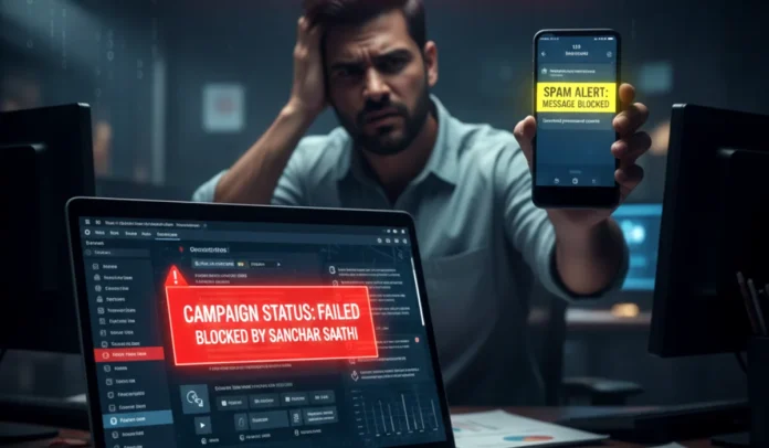 sanchar-saathi-bulk-sms-blocked-warning-2025 A warning graphic showing a smartphone screen with a "MESSAGE BLOCKED: SUSPECTED SPAM" notification, superimposed over a matrix of binary code and the Sanchar Saathi logo.