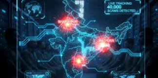 Exclusive: Sanchar Saathi’s Secret “Cyber Map” Tracks India’s Scammers Live (2025) A digital visualization of a map of India with red glowing "hotspots" in Bharatpur and Mathura, representing real-time cybercrime activity tracked by Sanchar Saathi.