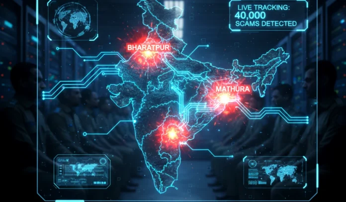 sanchar-saathi-live-cyber-fraud-map-india-2025 A digital visualization of a map of India with red glowing "hotspots" in Bharatpur and Mathura, representing real-time cybercrime activity tracked by Sanchar Saathi.